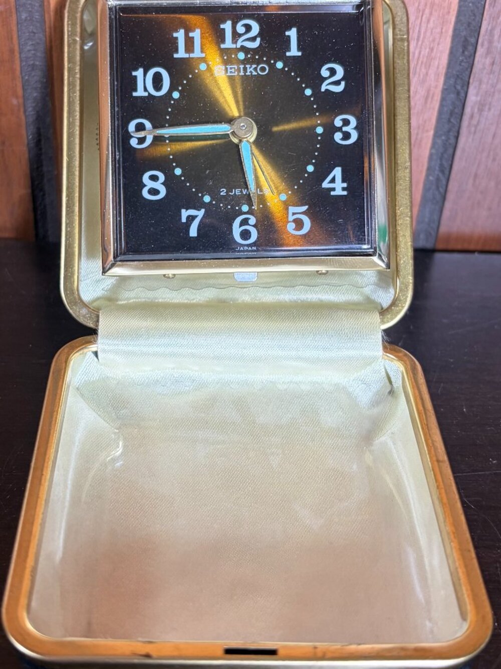 Vintage Seiko Gold Tone Folding Travel Clock Manual and Box Winding 1970s Japan
